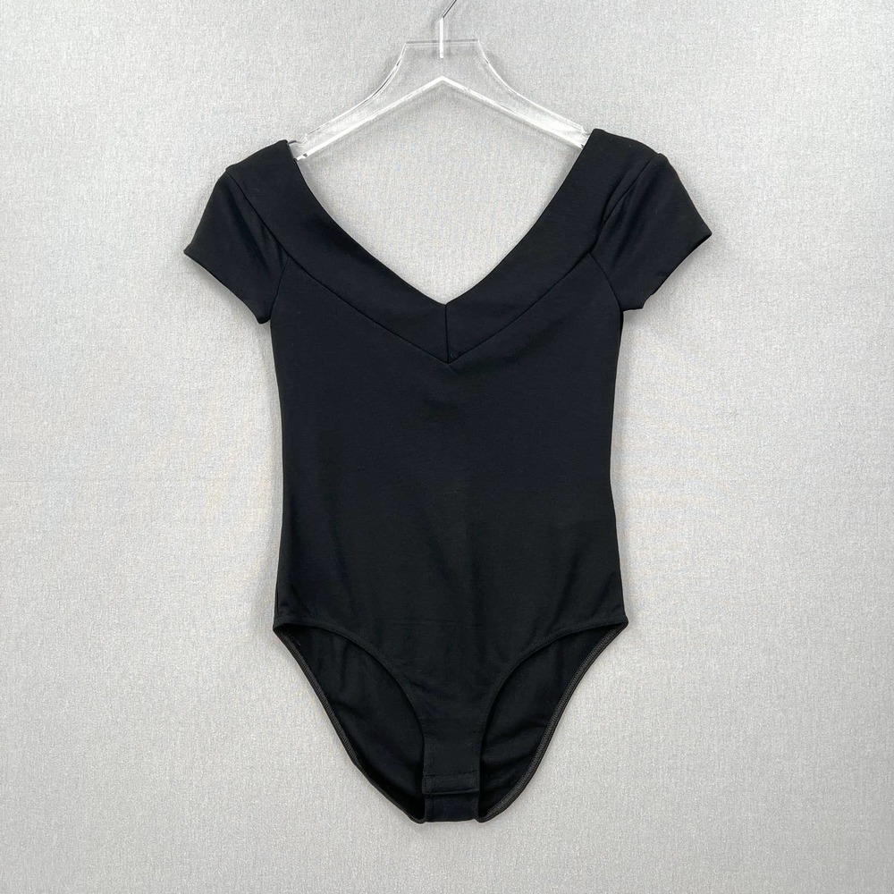 MAJE Off the Shoulder Bodysuit Womens 1 Small Black Double V-neck Short Sleeve - Picture 2 of 15